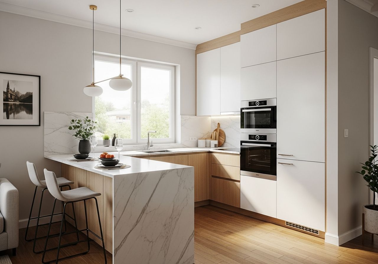 nowoczesna kuchnia z półwyspem, białe i jasne drewniane szafki, marmurowy blat, otwarta przestrzeń, duże okno