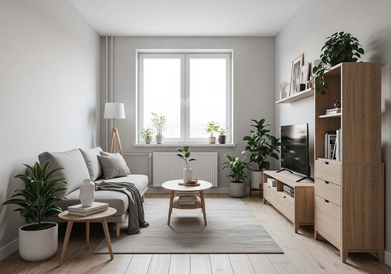 Nowoczesny mały salon z naturalnym światłem, funkcjonalnym układem, roślinami i neutralną kolorystyką.