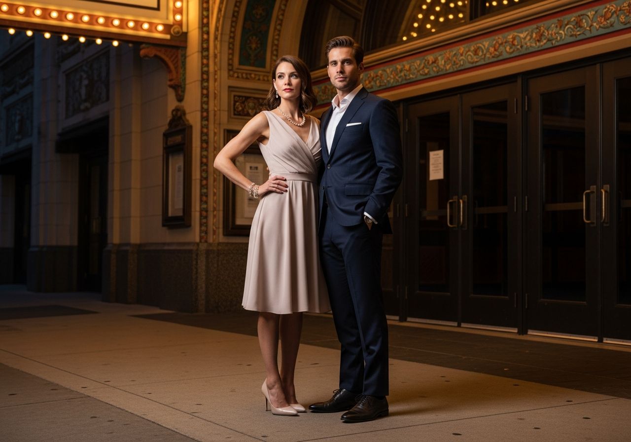 Stylowa para stoi przed wejściem do zabytkowego teatru w wieczorowym oświetleniu.