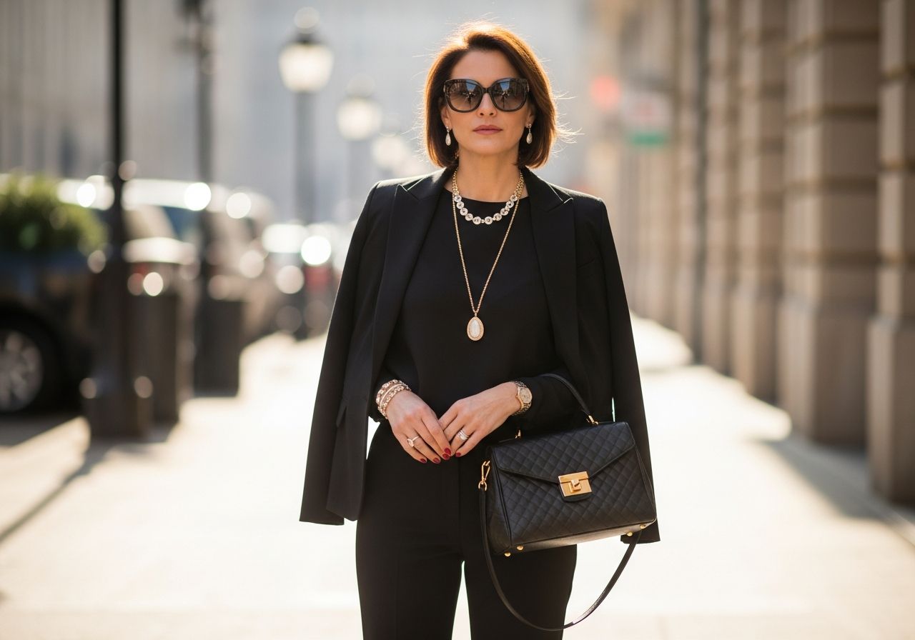 Stylowa kobieta w modnej stylizacji i dodatkach na rozmytym miejskim tle, zdjęcie wysokiej jakości.