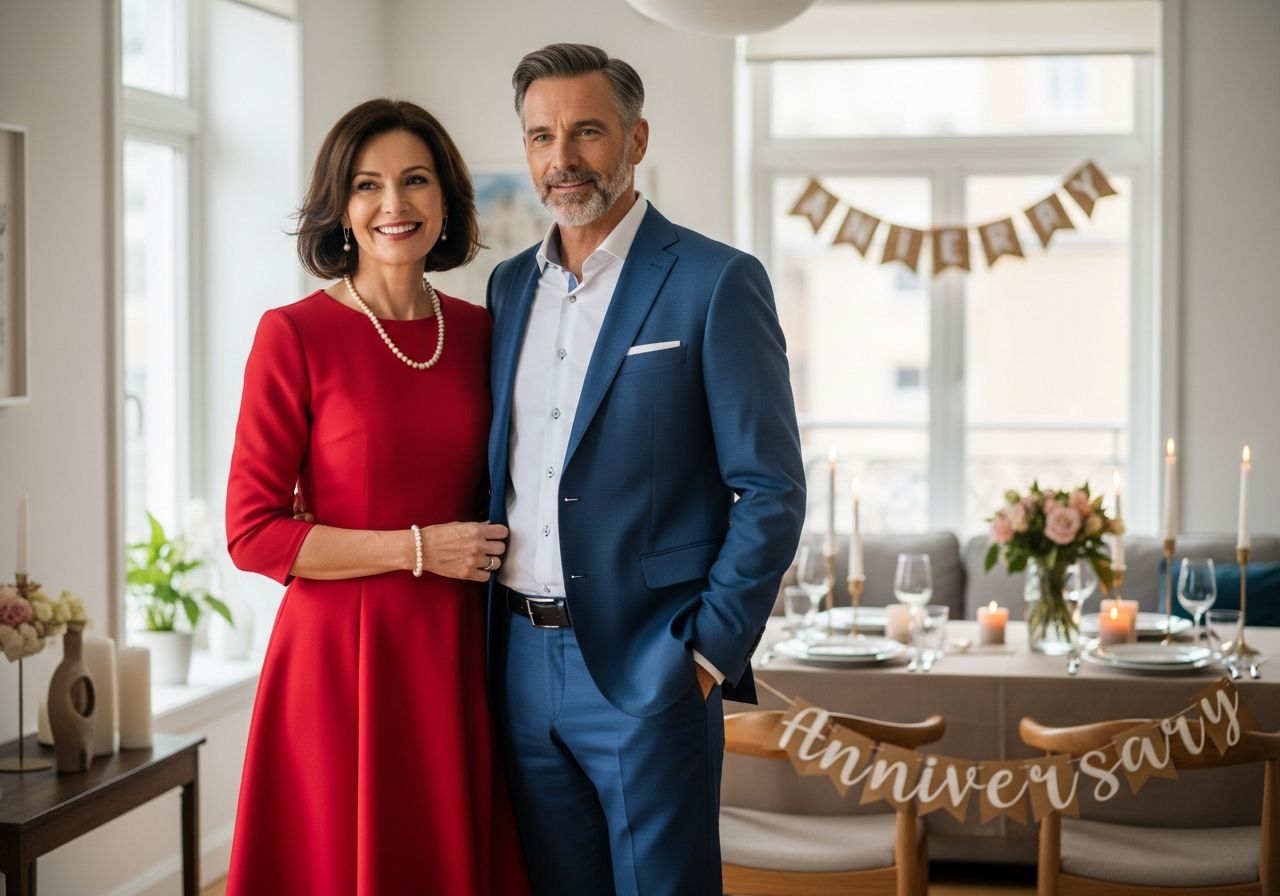 Elegancka para świętująca rocznicę w nowoczesnym salonie przy udekorowanym stole