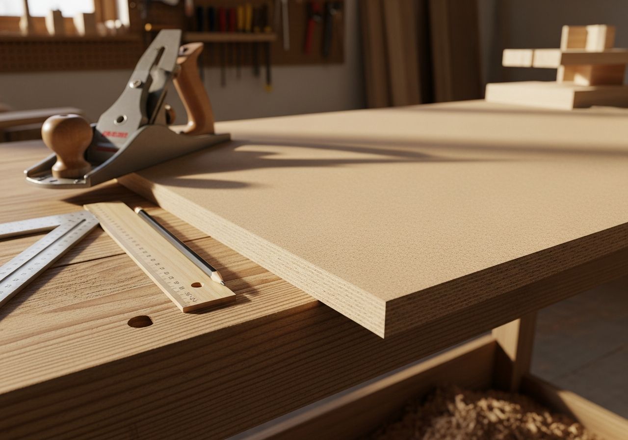 Zbliżenie płyty MDF na stole obok narzędzi stolarskich w warsztacie drewnianym