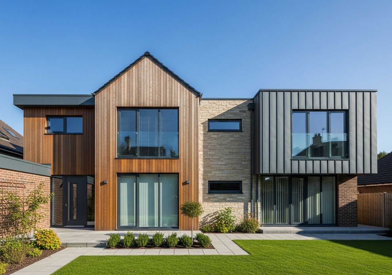 Nowoczesna elewacja domu z drewnem, kamieniem i metalem, oświetlona naturalnym światłem, z ogrodem i niebem w tle