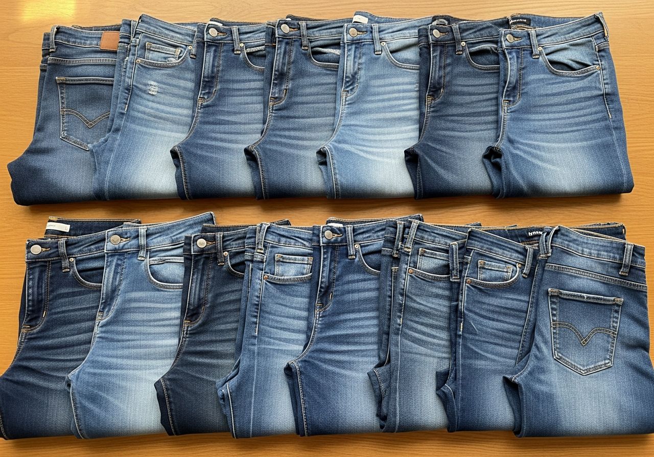 Różne style i kroje jeansów na drewnianym stole, w różnych odcieniach niebieskiego i czarnego denimu.