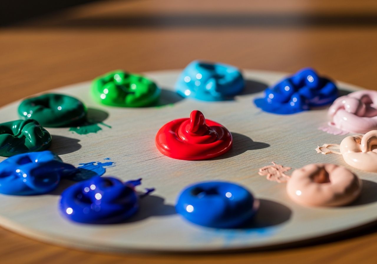 Paleta malarska z czerwonym, zielonym, niebieskim i beżowym farbami na drewnianym stole.