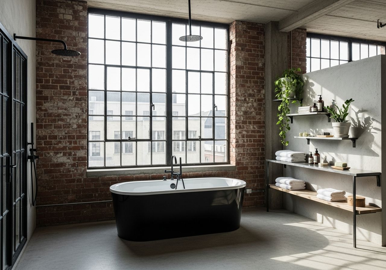 Łazienka w stylu loft z ceglaną ścianą, oknami przemysłowymi, wolnostojącą wanną i surowymi metalowo-drewnianymi detalami