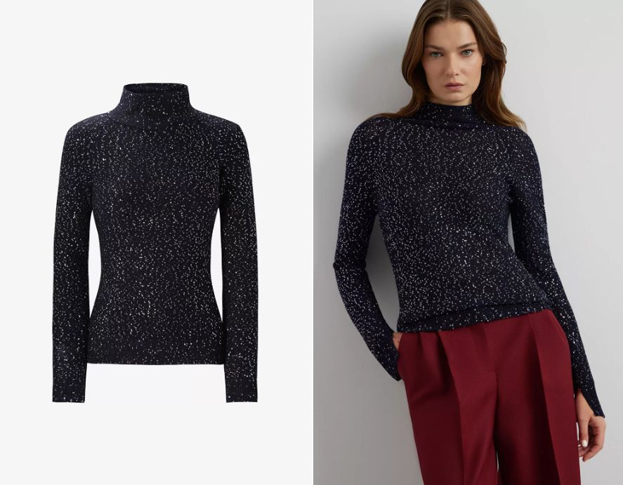 kobieta w czarnym golfie i bordowych spodniach