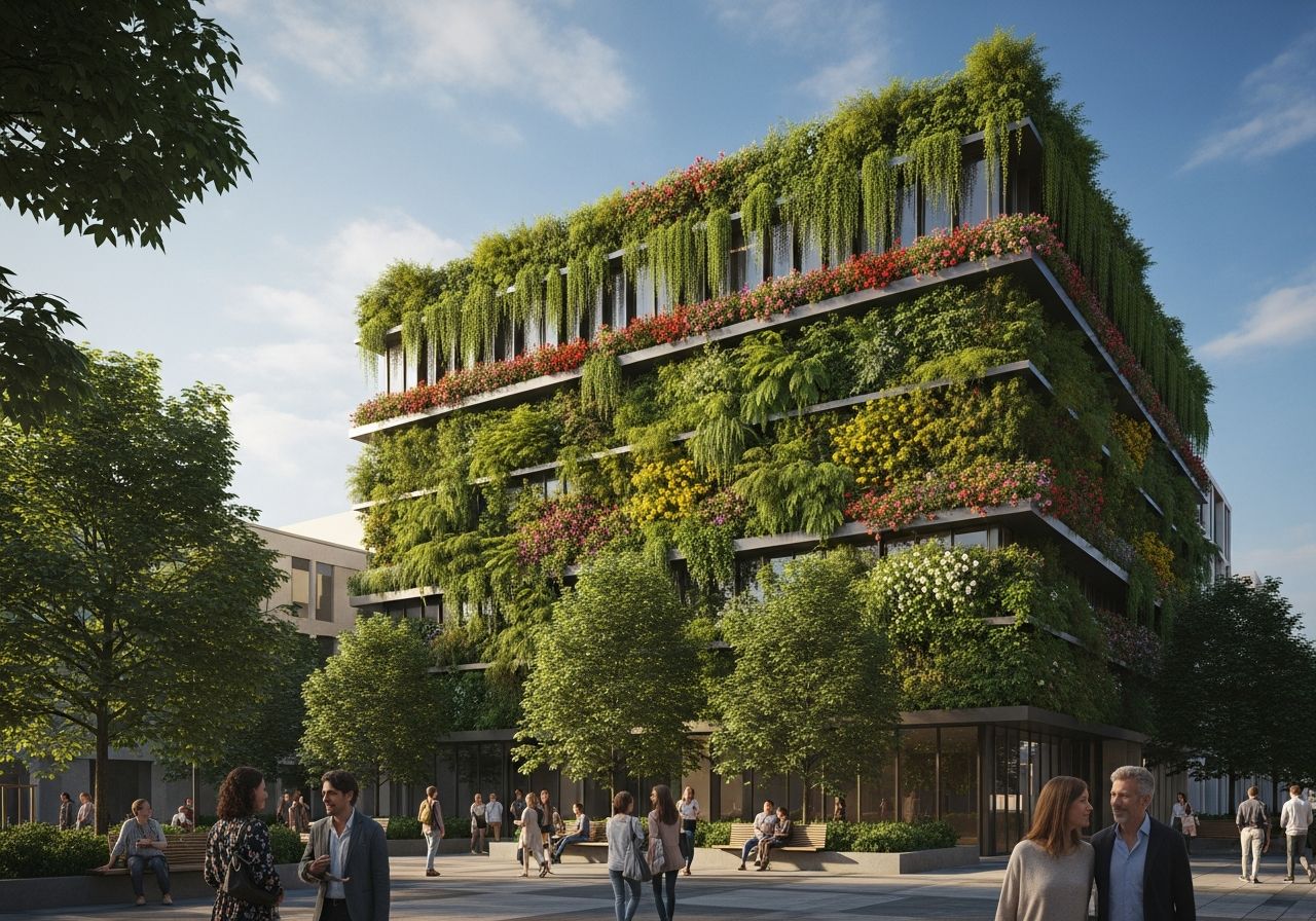 Nowoczesny budynek z zielonym ogrodem wertykalnym, ludzie spacerujący i odpoczywający na zewnątrz.