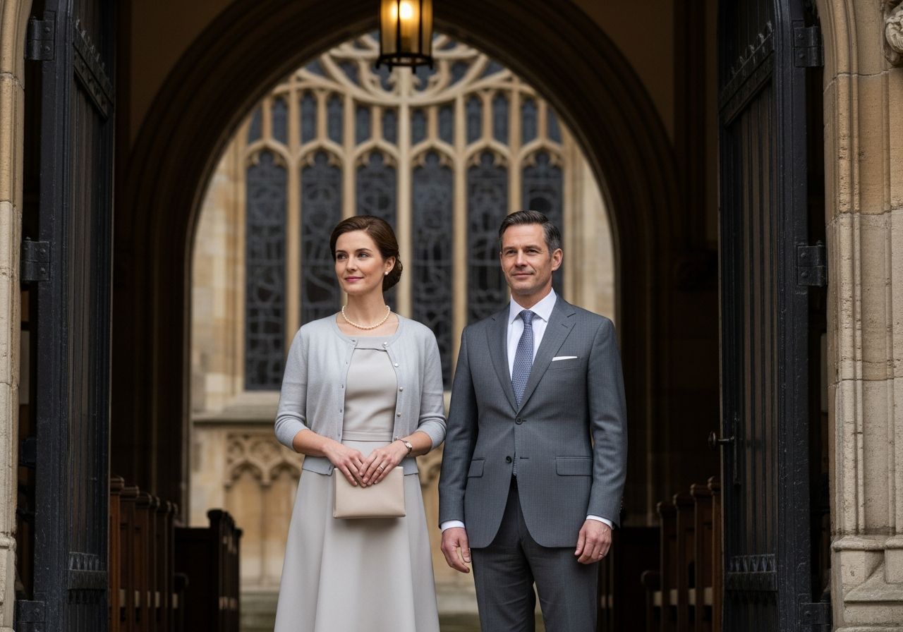 Mężczyzna i kobieta w eleganckich strojach przed wejściem do zabytkowego kościoła, atmosfera tradycji i spokoju