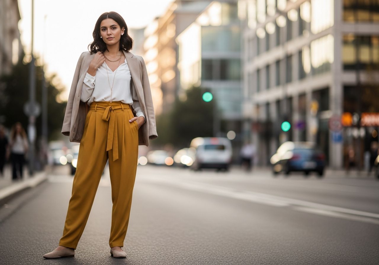Młoda kobieta w musztardowych spodniach i beżowej marynarce stoi na miejskiej ulicy w naturalnym świetle.