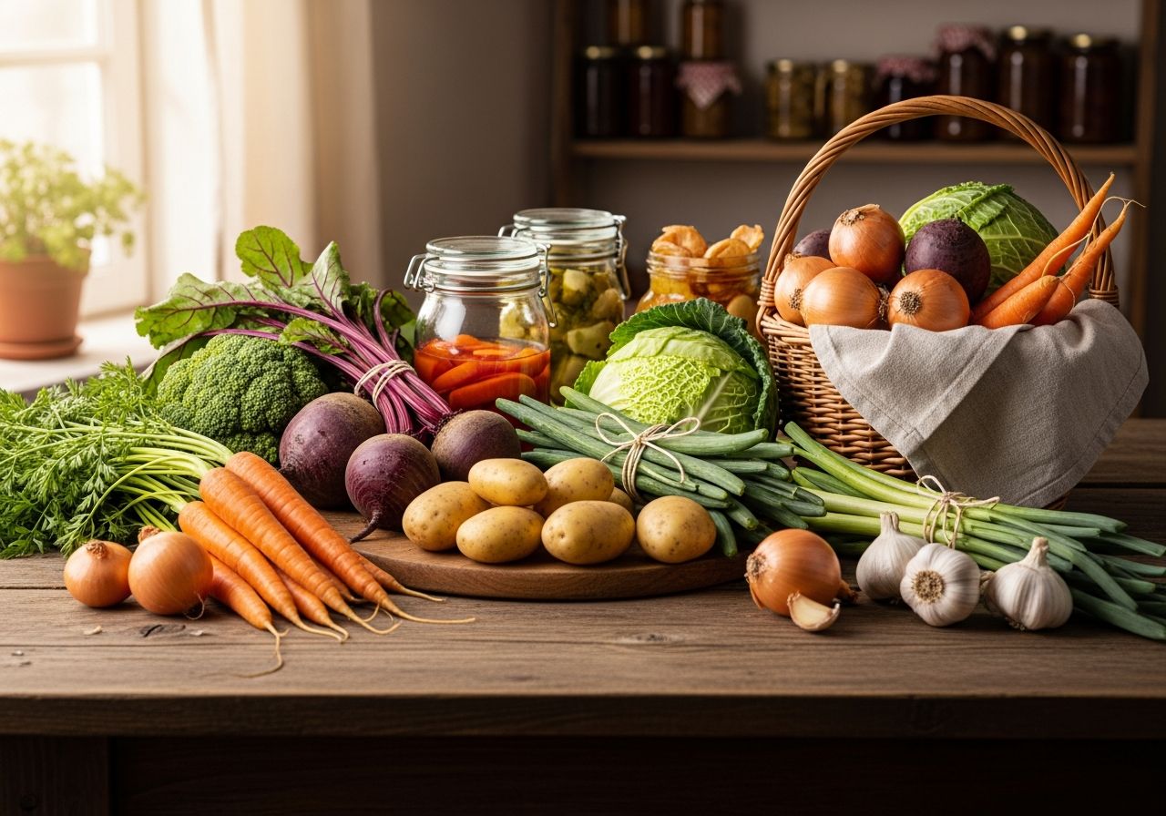 Rustykalny stół z zimowymi warzywami, słoikami i koszem, naturalne światło, przytulna kuchnia