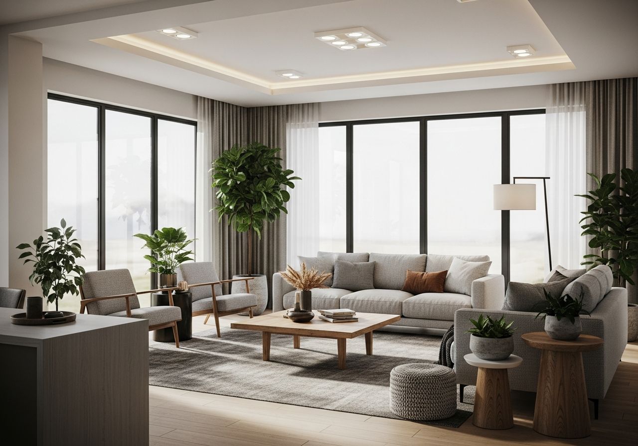 Nowoczesny, jasny salon z dużymi oknami, minimalistycznymi meblami i przytulnym, funkcjonalnym wnętrzem.