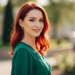 Młoda kobieta o rudych włosach w zielonej sukni stoi w ogrodzie, delikatnie uśmiechnięta, z naturalnym makijażem.