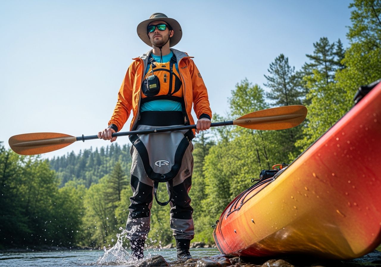 Osoba w odzieży kajakowej stoi nad rzeką obok kajaka, trzymając wiosło, otoczona zielenią i słońcem.