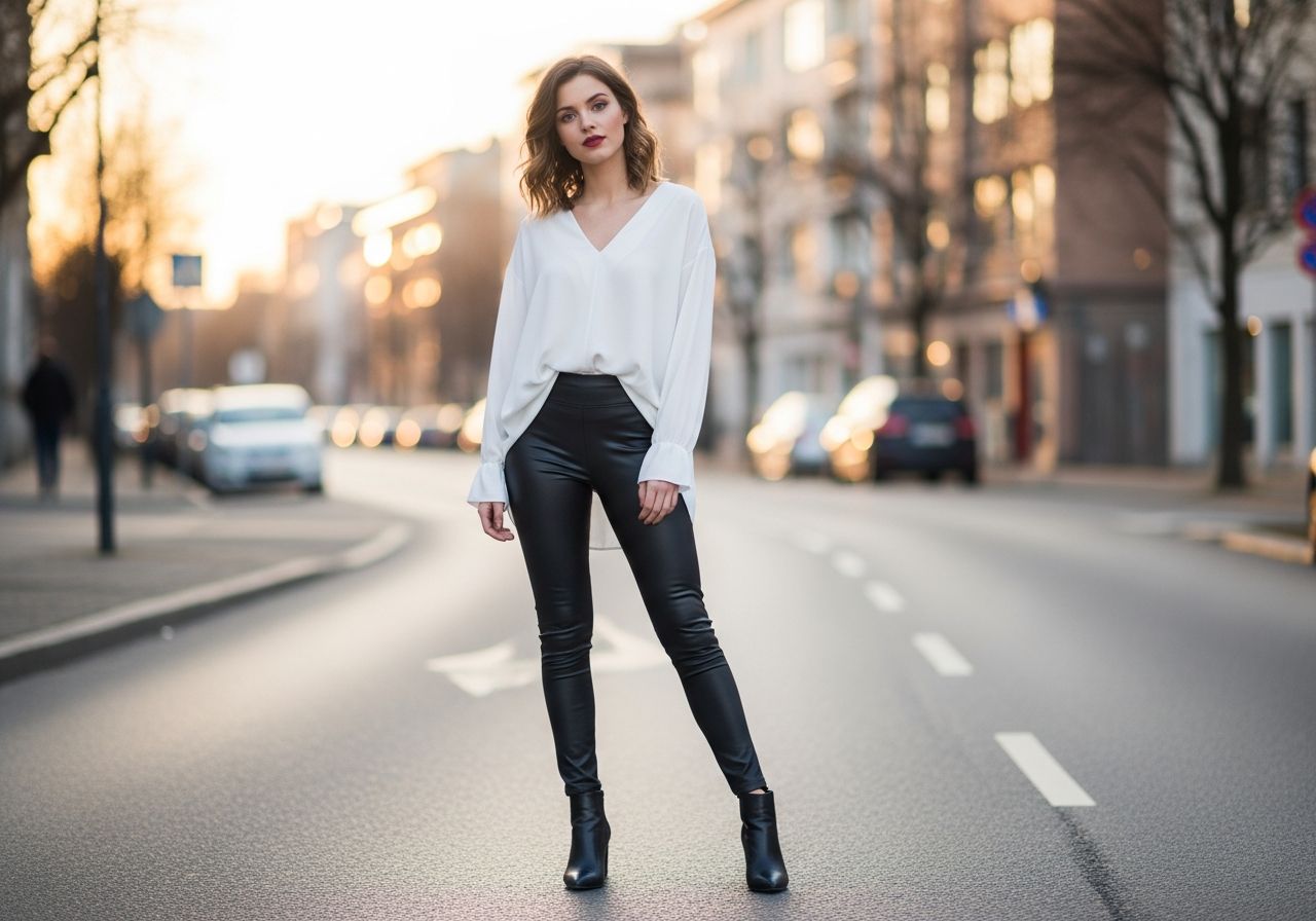 Młoda kobieta w czarnych legginsach i białej bluzce na ulicy miasta podczas złotej godziny