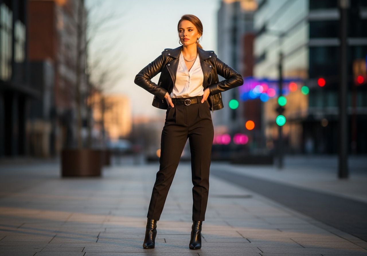 Młoda kobieta w stylowej stylizacji stoi pewnie w miejskim otoczeniu oświetlonym złotą godziną