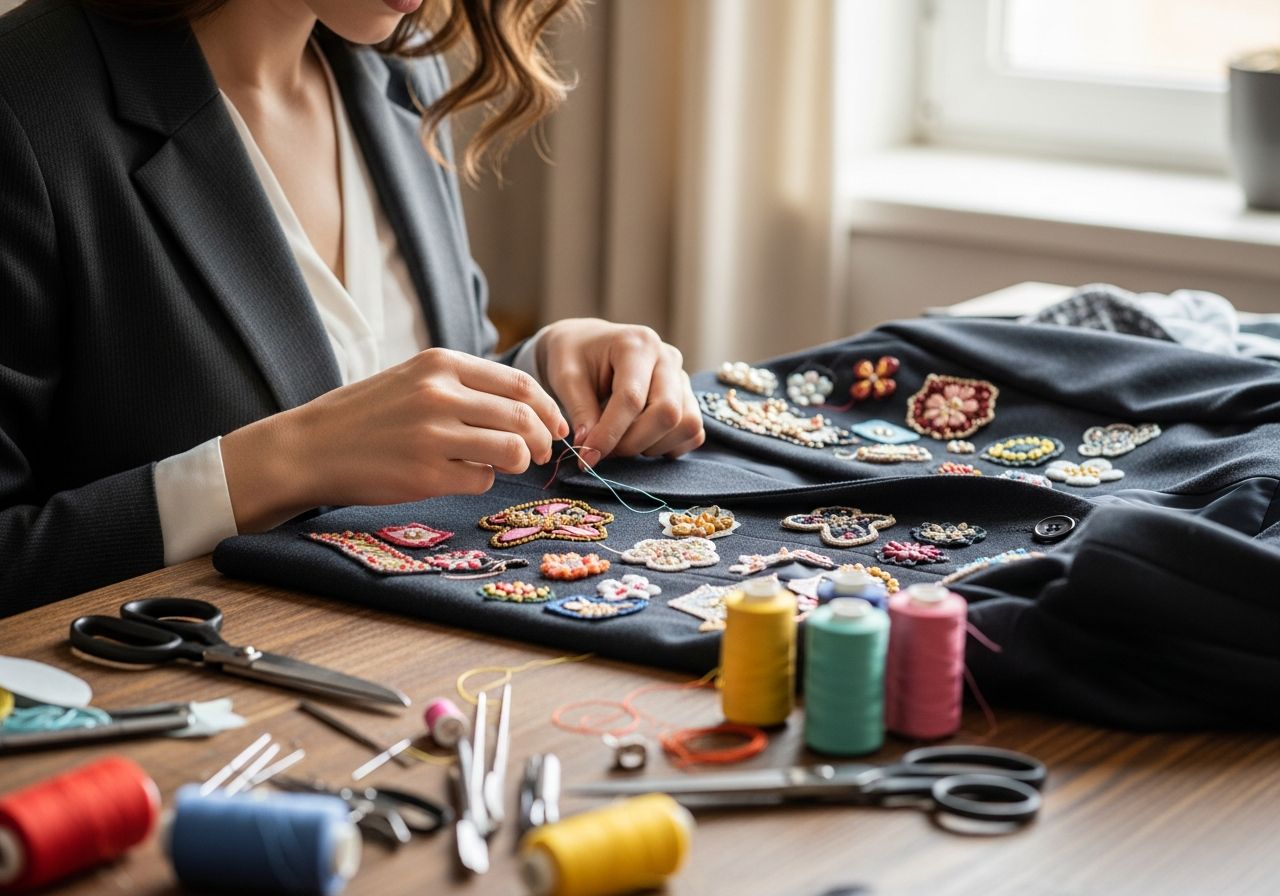 Kobieta dekoruje klasyczną marynarkę naszywkami i koralikami przy stole z materiałami do szycia