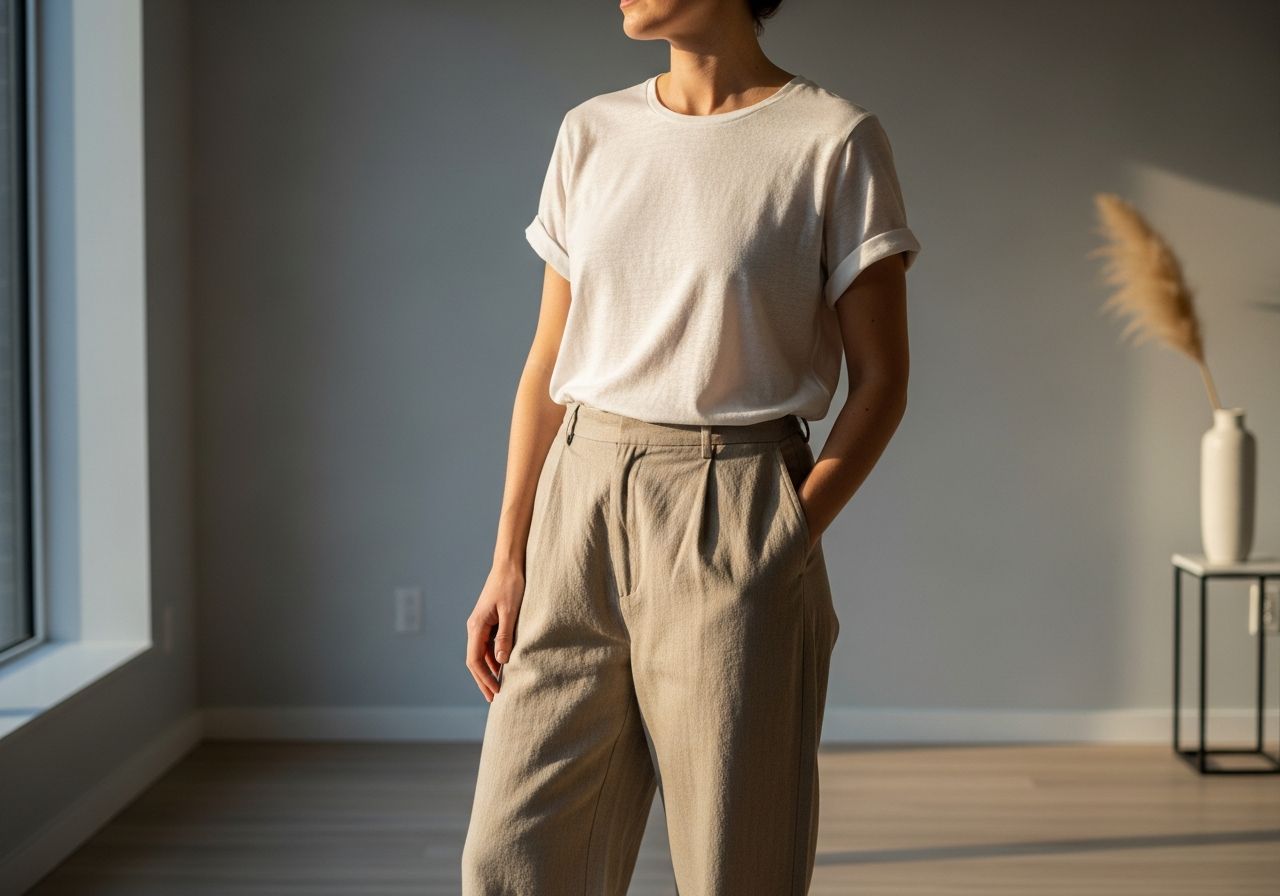 Osoba w minimalistycznym, neutralnym stroju w nowoczesnym wnętrzu o naturalnym oświetleniu.