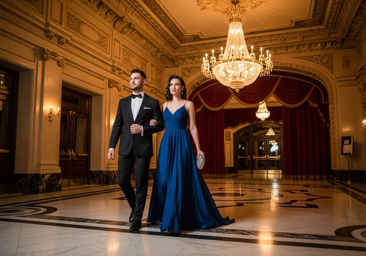 Elegancka para wchodząca do teatru z klasycznym wnętrzem i ciepłym oświetleniem.