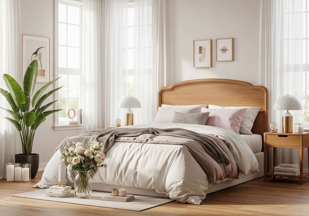 Sypialnia z miękkim światłem, łóżkiem, drewnianym zagłówkiem, rośliną i minimalistycznym wystrojem.