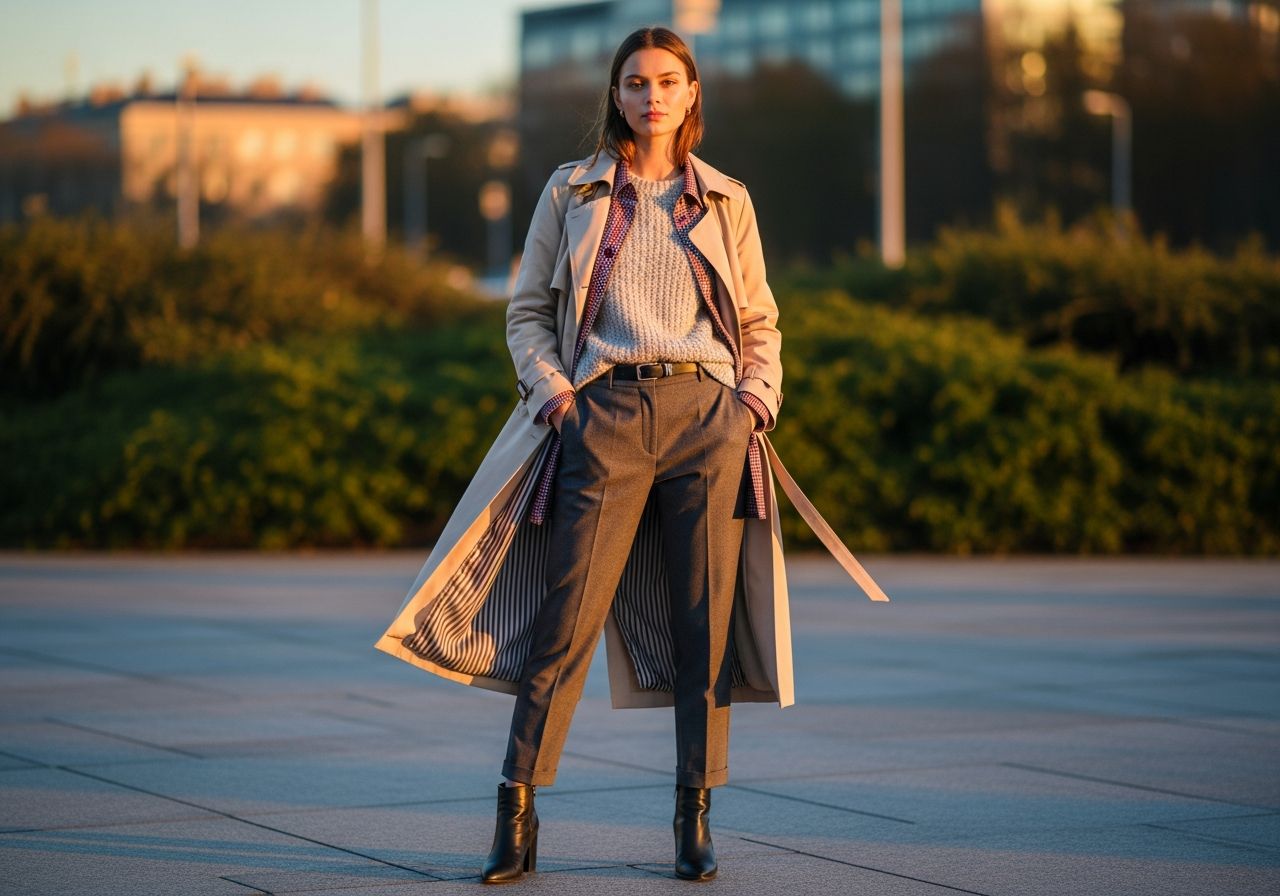 Stylowa kobieta w nowoczesnym jesiennym ubraniu na tle miejskiej scenerii o zachodzie słońca