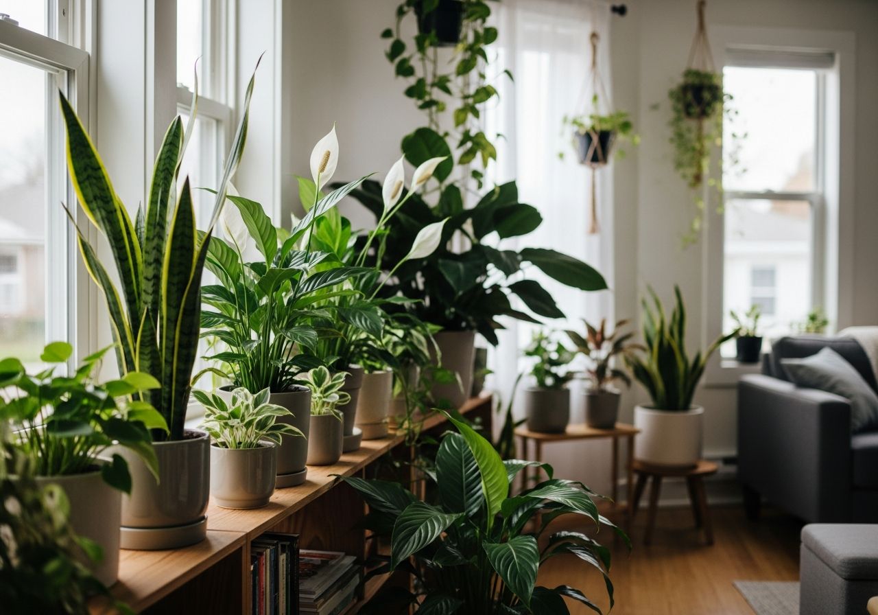 Nowoczesny salon z roślinami cieniolubnymi na półkach i przy oknach w naturalnym świetle.