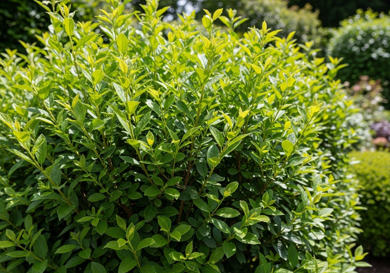 Gęsty, zielony żywopłot w dobrze utrzymanym ogrodzie, wyraźne liście i gałęzie w naturalnym świetle.