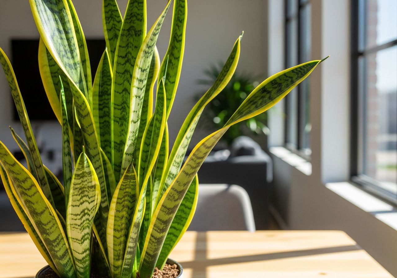 Sansewieria na drewnianym stole w jasnym pokoju z naturalnym światłem i domowym biurem w tle
