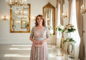 Elegancka kobieta w pastelowej sukni stojąca w dekorowanej sali weselnej z delikatną biżuterią