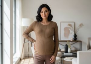 Kobieta w ciąży w wygodnych ubraniach ciążowych stoi w jasnym, nowoczesnym salonie, uśmiechnięta