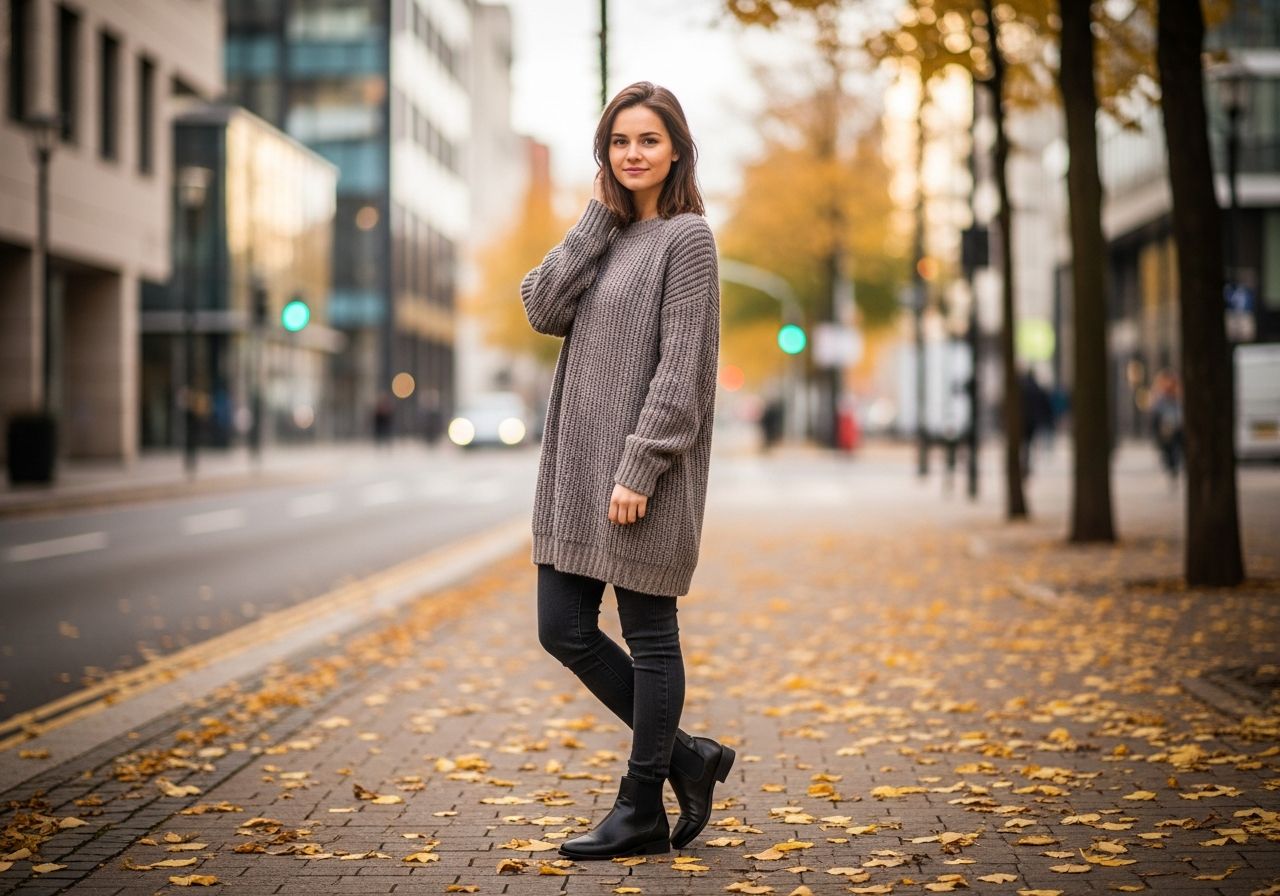 Młoda kobieta w swetrze i jeansach na miejskiej ulicy z jesiennym tłem i opadłymi liśćmi
