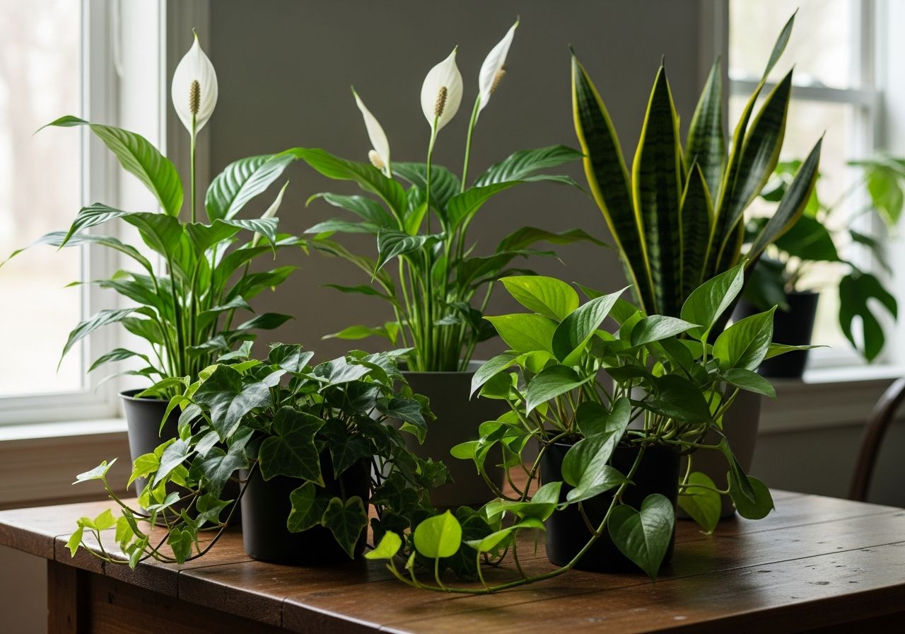 Różnorodne rośliny doniczkowe na drewnianym stole przy oknie z naturalnym światłem tworzące przytulną atmosferę