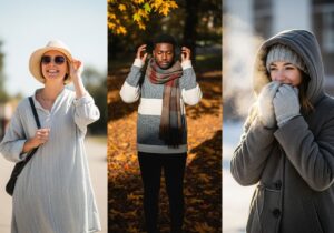 Grupa osób na zewnątrz w różnej odzieży dostosowanej do pór roku i warunków pogodowych.