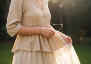 Kobieta w beżowej sukience z haftem i złotą biżuterią na tle rozmytego ogrodu w naturalnym świetle