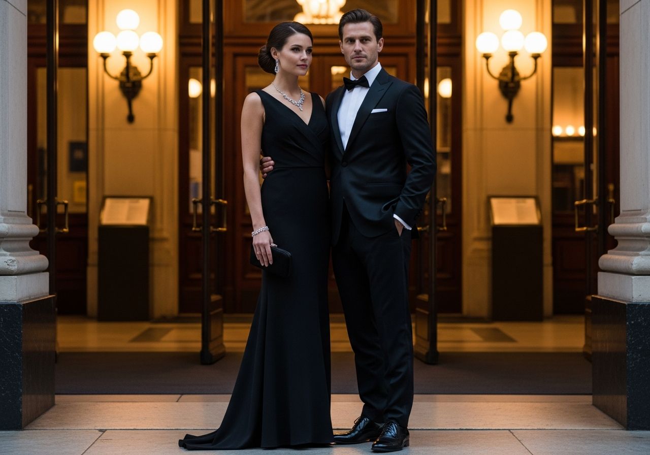 Para w eleganckich strojach stoi przed wejściem do opery przy ciepłym oświetleniu.