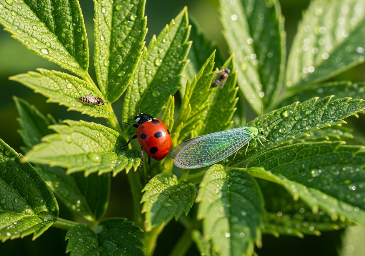 Zbliżenie zielonych roślin ogrodowych z naturalnymi drapieżnikami mszyc jak biedronki i złotooki