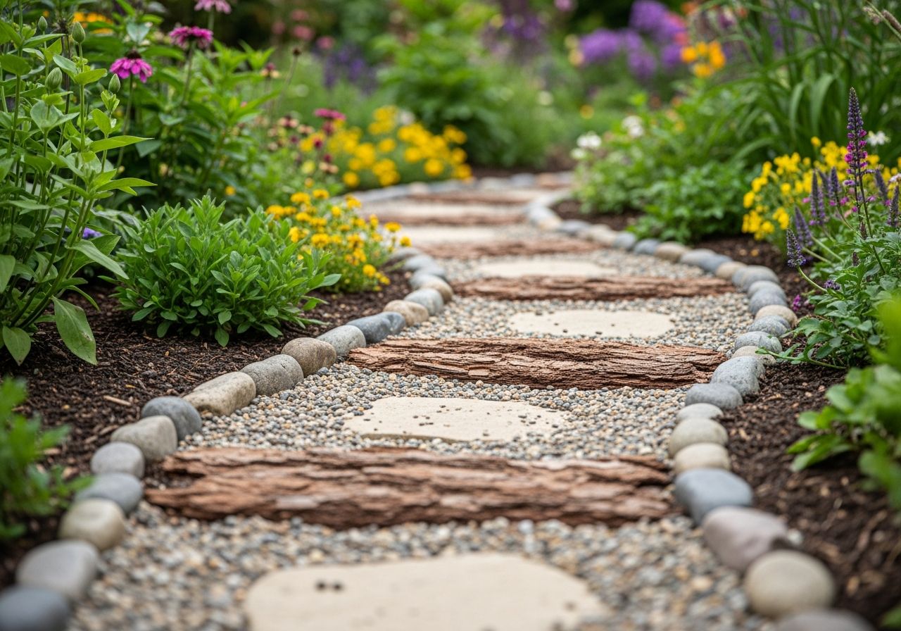Ścieżka ogrodowa z gravelu i kory wokół zielonych roślin i kwiatów w naturalnym świetle dnia.
