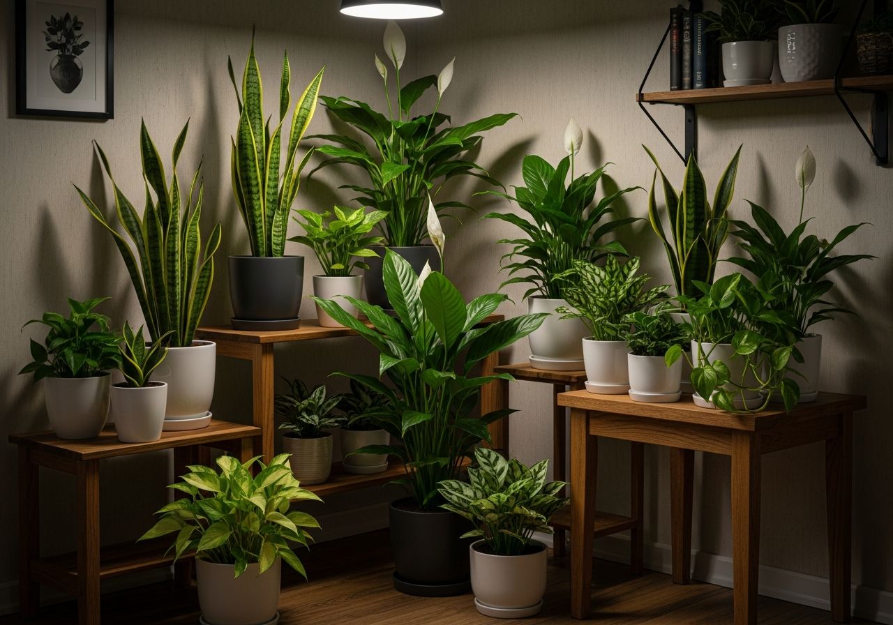 Zdrowe rośliny doniczkowe takie jak sansewieria, skrzydłokwiat i bluszcz na drewnianych półkach w przytulnym wnętrzu