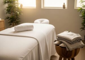 Nowoczesny pokój spa z masażowym stołem, białym ręcznikiem, wygodnymi ubraniami i naturalnym światłem.