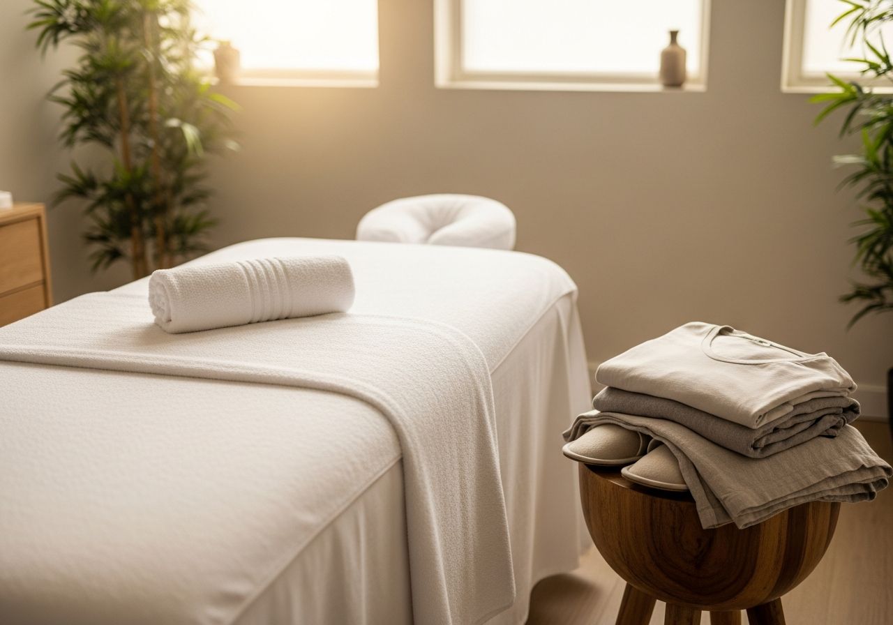 Nowoczesny pokój spa z masażowym stołem, białym ręcznikiem, wygodnymi ubraniami i naturalnym światłem.