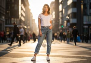 Młoda kobieta w jasnych jeansach, białej koszulce i trampkach na ulicy miasta podczas złotej godziny.
