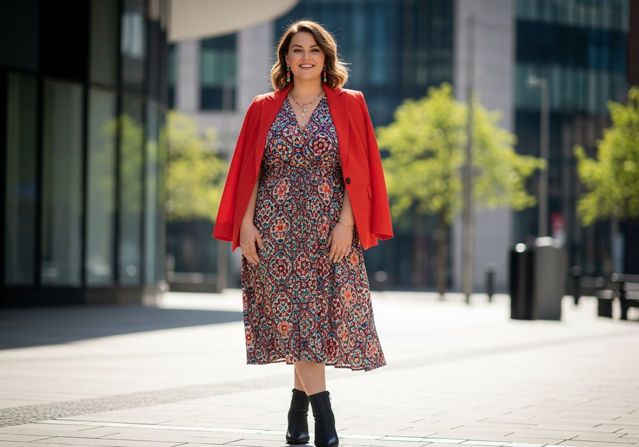 Pewna siebie kobieta plus size w kolorowej modnej stylizacji na tle miejskim, pełny plan, naturalne światło