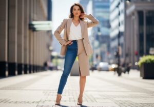 Kobieta w beżowym blezerze łączy casual z biznesowym stylem na miejskim tle w naturalnym świetle.