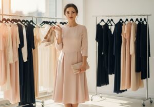 Młoda kobieta w pastelowej sukience w butiku trzyma szpilki i kopertówkę, wybierając kreacje.