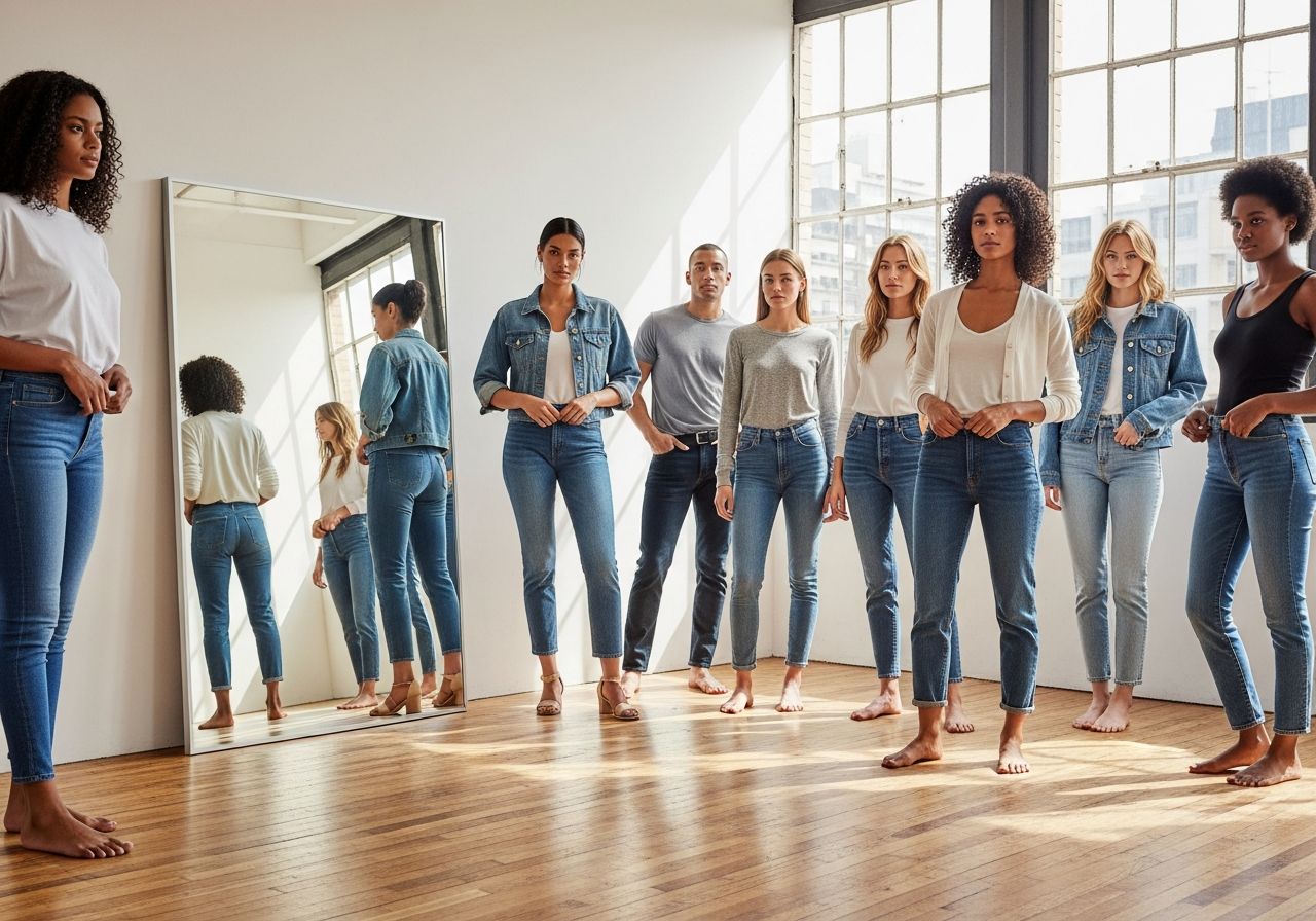 Grupa osób w różnych fasonach jeansów w nowoczesnym studio z dużym lustrem i naturalnym światłem