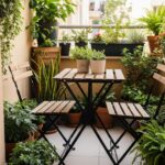 Wąski balkon z funkcjonalnym zestawem składanych mebli i roślinami w donicach w miejskiej przestrzeni