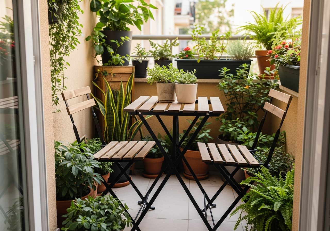 Wąski balkon z funkcjonalnym zestawem składanych mebli i roślinami w donicach w miejskiej przestrzeni