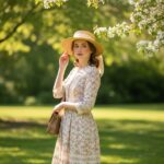 Młoda kobieta w kwiecistej sukience i kapeluszu stoi w słonecznym parku z klasyczną torebką