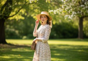 Młoda kobieta w kwiecistej sukience i kapeluszu stoi w słonecznym parku z klasyczną torebką