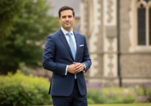 Mężczyzna w garniturze stoi pewnie na tle kościoła i zieleni w naturalnym świetle.